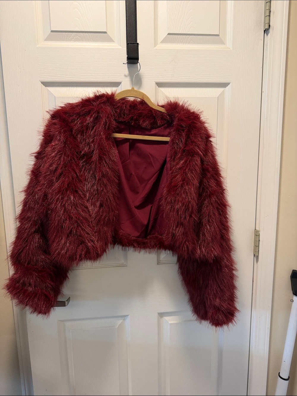 SHEIN Burgundy Faux Fur Cropped Teddy Jacket